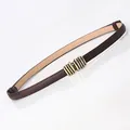 Women's slim dark brown leather waist belt with vintage brass metal slide buckle - Coffee