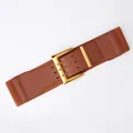 Women's wide elastic waist belt in dark brown leather with a triple gold buckle - Camel