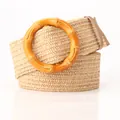 Women's straw-style elastic woven belt with a round amber-colored buckle - Bamboo Style Ring / Khaki