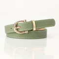 Morandi green women's slim PU leather belt with gold horseshoe buckle and white stitching - Green