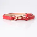 Slim red leather belt for women featuring a polished gold U-shaped metal buckle - Red