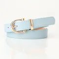 Women's slim light blue faux leather belt with a golden horseshoe metal buckle - Blue