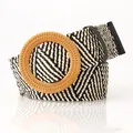 Women's black and white woven belt with a large round wooden buckle and leather tips - Round Buckle / Khaki Black