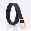 Slim black faux leather belt for women with a minimalist gold rectangular pin buckle - Black