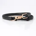 Adjustable black leather thin belt for women with interlocking gold buckle detail - Black