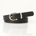 Women's minimalist black leather belt with a polished gold horseshoe buckle design - Black