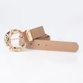 Khaki leather fashion belt for women featuring an irregular textured gold buckle - Khaki