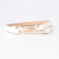 Elegant white skinny leather belt for women with interlocking light gold buckle - White