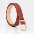 Slim brown leather belt with gold square buckle for women's jeans and suits - Camel