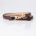 Slim dark coffee leather belt for women featuring a polished gold U-shaped metal buckle - Coffee