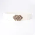 Women's vintage white elastic waist belt with ornate carved gold diamond buckle - White