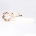 White leather belt for women featuring a textured gold hammered metal buckle - White