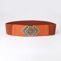 Vintage böhmischer breiter elastischer Taillengürtel mit verzierter Metallschnalle in Orange - Camel