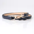 Adjustable navy blue thin waist belt for women with elegant golden metal hook buckle - Navy Blue