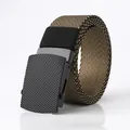 Khaki and black woven canvas belt with a matte black textured automatic metal buckle - Khaki