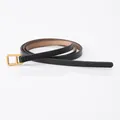 Minimalist black leather belt for women with a vintage rectangular gold metal buckle - Black (793#)
