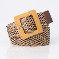 Women's bohemian woven elastic belt with square wooden buckle in dual brown tones - Khaki