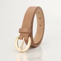 Women minimalist light brown leather belt with golden round buckle and fine stitching - Khaki