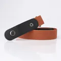 Invisible elastic waist belt in caramel brown with black leather ends and silver snaps - Camel