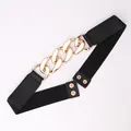 Black elastic waist belt for women with heavy golden metal chain and snap button closure - Gold Buckle - Black