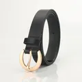 Classic black leather belt for women featuring a polished round rose gold pin buckle - Black