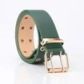 Dark green double eyelet fashion belt with golden square buckle and leather texture - Green