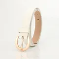 Minimalist beige leather belt for women with rose gold round metal buckle and mirror reflection - White
