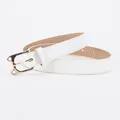 Elegant white PU leather belt for women featuring a gold cat head shaped metal buckle - White