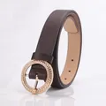 Classic dark brown leather belt for women with elegant golden round braided buckle - Coffee