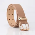 Chic light brown double-grommet waist belt with polished gold double-prong buckle - Khaki