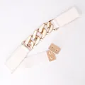 White elastic corset belt with bold gold chunky metal links and snap closure - Gold Buckle - White