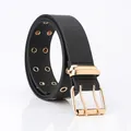 Women's black double-hole waist belt with golden double-prong buckle and metal eyelets - Black