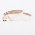 Minimalist white leather skinny belt for women with golden hammered metal buckle - White