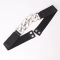 Chic black elastic waist belt with bold silver metal chain link and snap buttons - Silver Buckle - Black