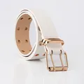 White faux leather belt for women with double grommets and champagne gold buckle - White