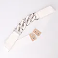 White elastic corset belt for women featuring a large chunky silver metal chain design - Silver Buckle - White