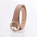 Slim light brown leather belt for women with a gold round buckle and braided details - Khaki