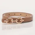 Damen schmaler kamelfarbener PU-Ledergürtel mit polierter goldener Doppelring-Legierungsschnalle - Khaki