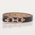 Schmaler Damenledergürtel in Dunkelbraun mit eleganter goldener Doppelring-Schnalle - Kaffeebraun