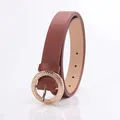 Brown leather waist belt for women with elegant round gold woven metal buckle - Camel