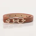 Slim brown leather belt for women featuring a minimalist golden double ring buckle - Camel