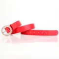 Elegant red PU leather belt for women featuring a gold pearl and rhinestone ring buckle - Red
