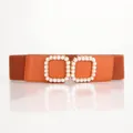 Orange elastic wide waist belt for women with pearl-encrusted square buckle detail - Camel