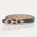 Women's slim black leather belt featuring an interlocking gold double ring buckle - Navy Blue