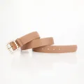 Elegant khaki leather belt for women featuring a square buckle with pearl embellishments - Khaki