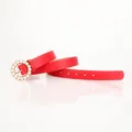 Elegant red leather belt with a circular pearl-encrusted buckle for fashionable women - Red