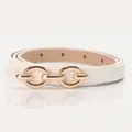Slim off-white PU leather belt for women featuring a gold dual-ring chain buckle - White