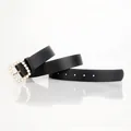 Elegant black faux leather waist belt with pearl-embellished square buckle for women - Black