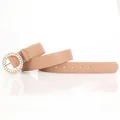 Elegant nude pink PU leather belt with pearl and rhinestone encrusted round buckle - Khaki