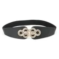 Elegant black elastic waist belt with a golden interlocking double-ring buckle for women - Black